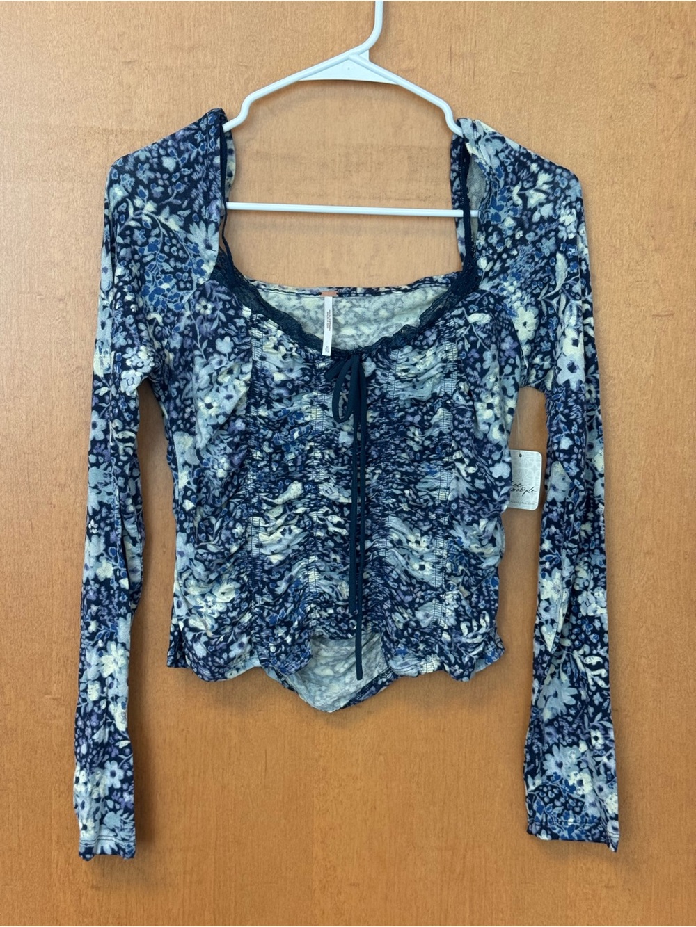 Free People Navy & Cream Floral Ruched Long Sleeve Top